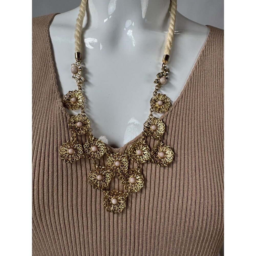 NY Gold-Tone Statement Necklace With Filigree Floral Design & Faux Pearl Accents